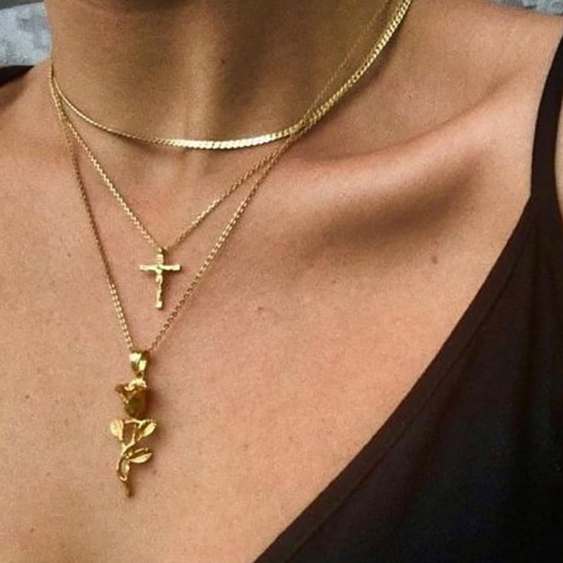 Boho Romantic Rose Cross Elegant Necklace
