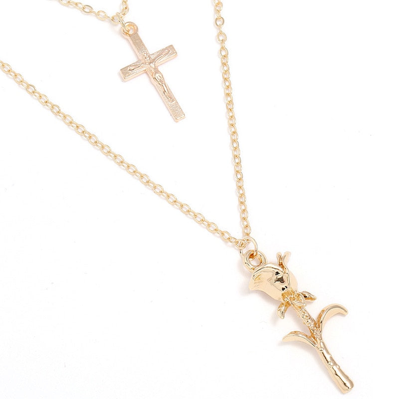 Boho Romantic Rose Cross Elegant Necklace