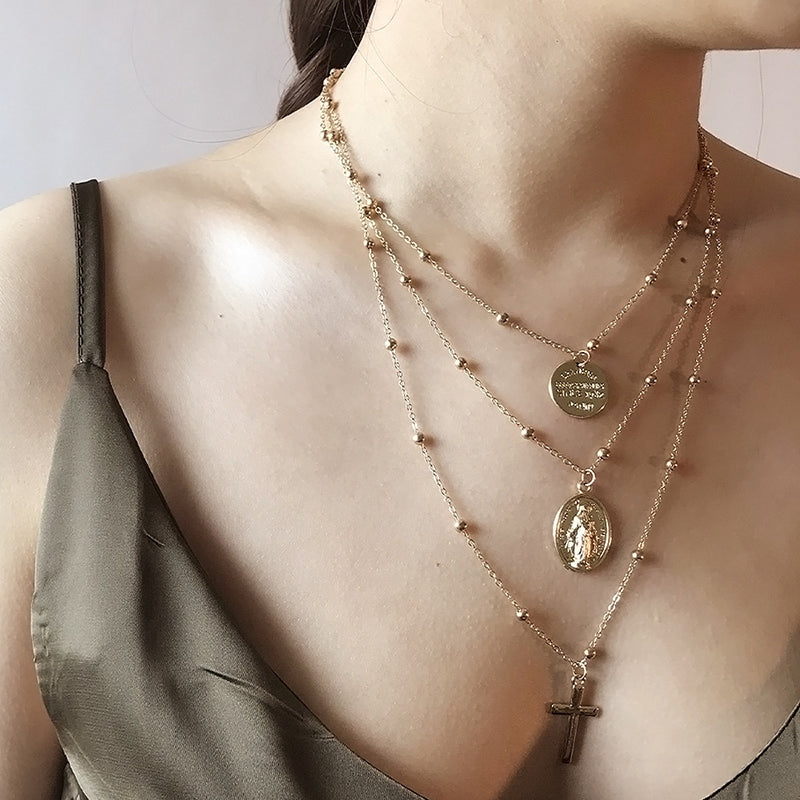 Bohemian Holy Cross and Virgin Mary Multi Layered Necklace