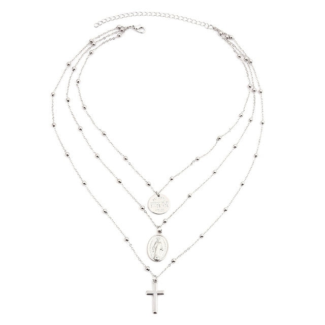 Bohemian Holy Cross and Virgin Mary Multi Layered Necklace