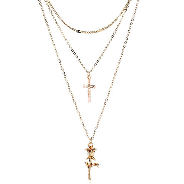 Boho Romantic Rose Cross Elegant Necklace